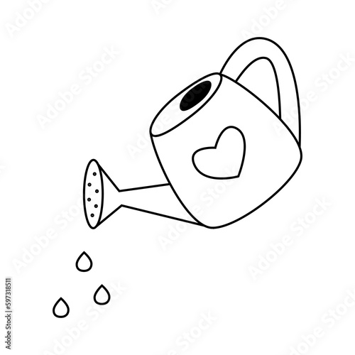Watering can with water drops doodle isolated vector illustration. Black and white contour line art drawing. Garden clipart pictogram design element. Growing plants. Irrigation. Growth or care concept