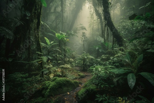 A glimpse of a lush misty green rainforest. Generative AI