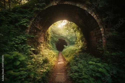 A stunning archway tunnel with a breathtaking natural background - perfect as a wallpaper. Generative AI