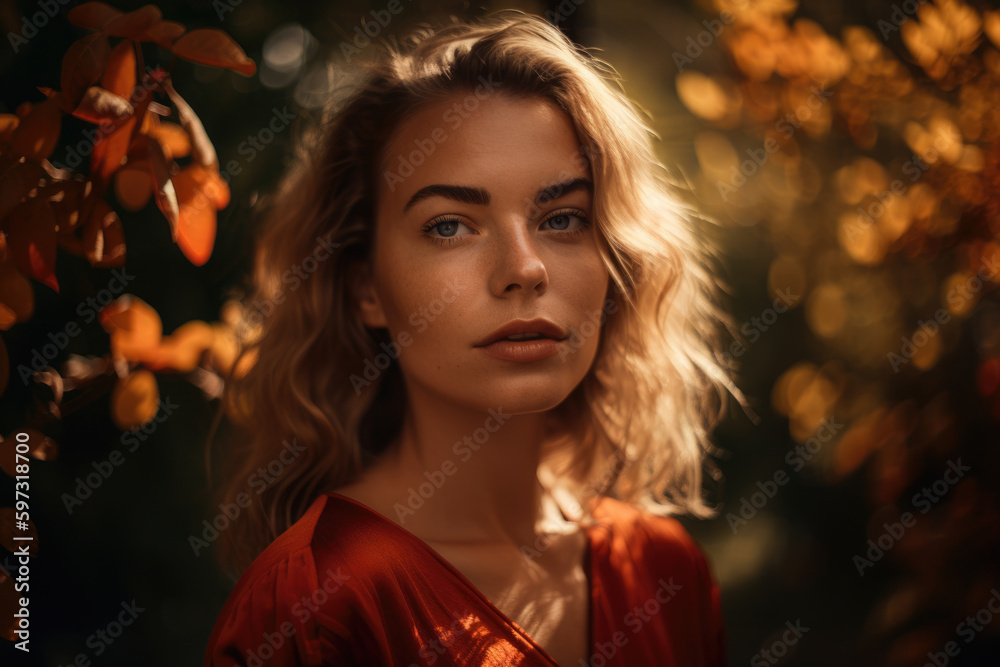 Portrait of a confident, sun-kissed woman with golden highlights in her hair and a bold red lip, set against a warm, golden-hued background of summer foliage, generative ai Portrait of a confident, sun-kissed woman with golden highlights in her hair and a bold red lip, set against a warm, golden-hued background of summer foliage, generative ai