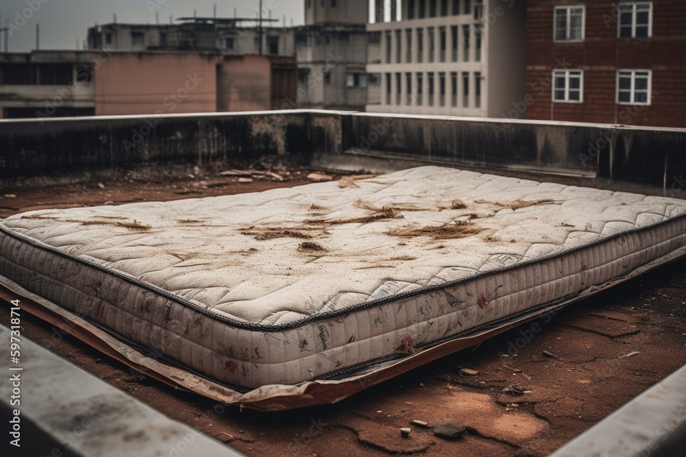 Discarded, dilapidated rooftop mattress left behind on residential building. Abandoned, wet and rusty. Generative AI