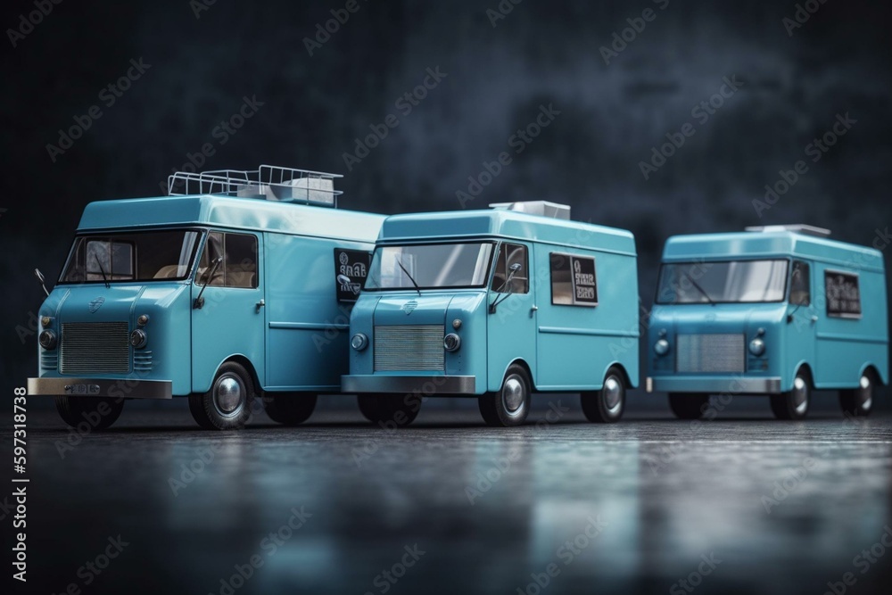 Four transparent background food trucks in blue color. Generative AI