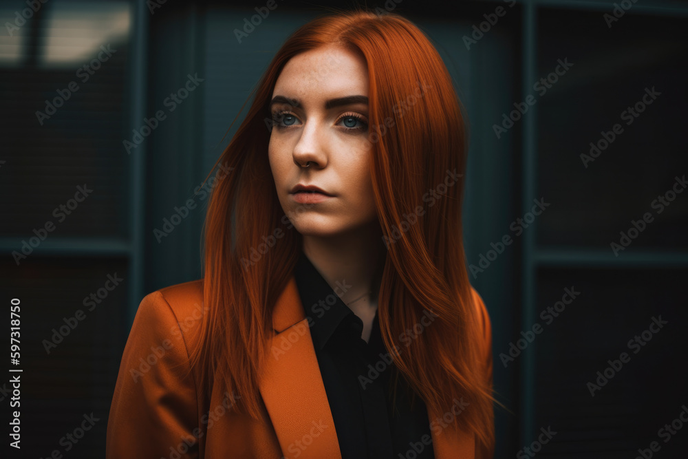 Portrait of a confident woman with coppercolored hair in a sleek