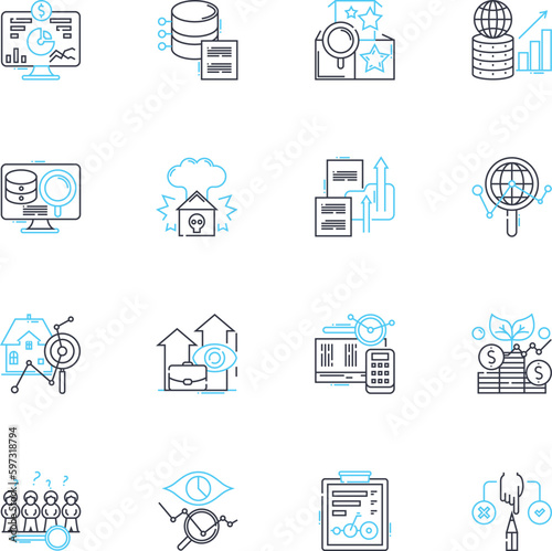 Financial evaluation linear icons set. Profitability, Liquidity, Solvency, Leverage, Efficiency, Analysis, Forecasting line vector and concept signs. Benchmarking,Ratios,Valuation outline
