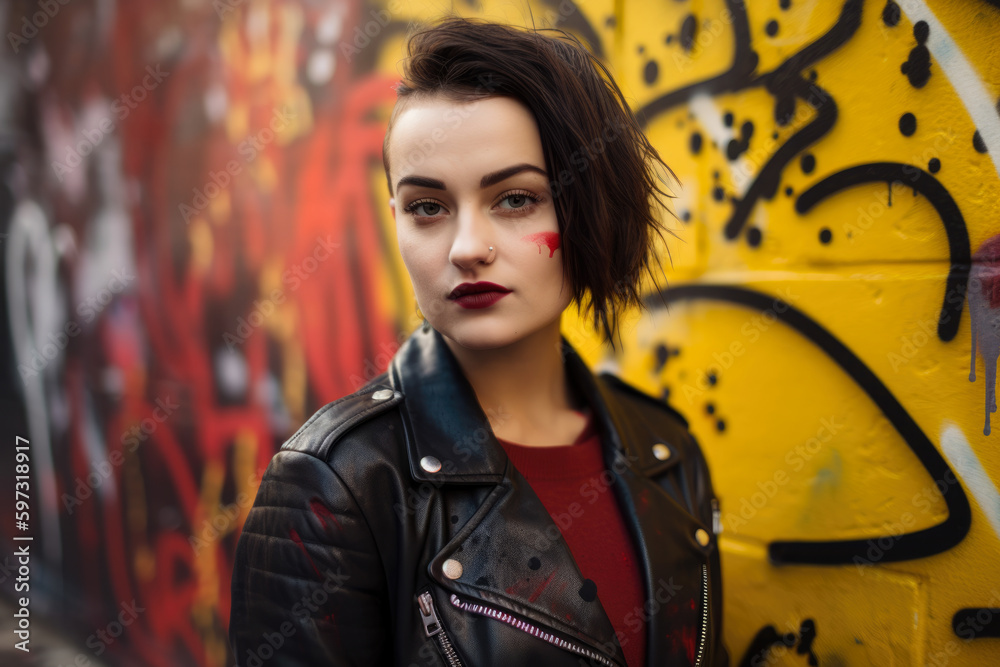 Portrait of a gorgeous woman with pale yellow background, wearing a black leather jacket and bold red lipstick, standing in front of a graffiti-covered wall, generative ai