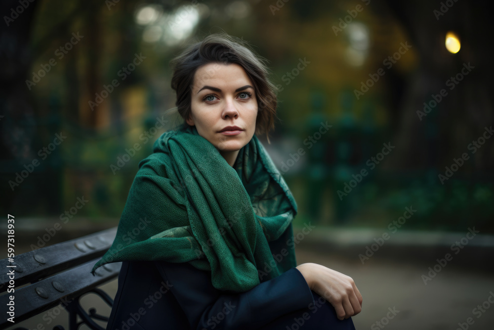 Portrait of a graceful woman with a green scarf, sitting on a green bench in a park, generative ai Portrait of a graceful woman with a green scarf, sitting on a green bench in a park, generative ai