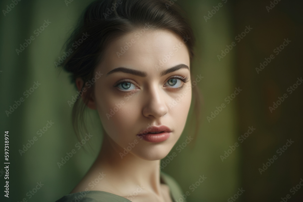Naklejka premium Portrait of a graceful woman with delicate features and gentle eyes against a light olive green background, projecting serenity and elegance, generative ai