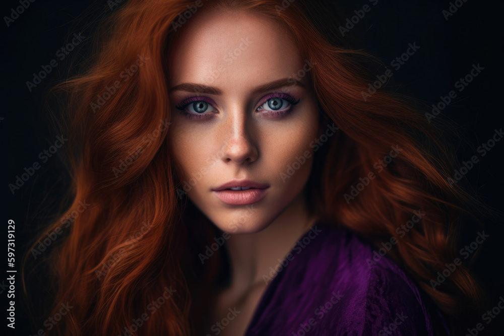 Fototapeta premium Portrait of a radiant woman with warm mauve eyes and flowing auburn hair set against a background of vibrant purple, generative ai