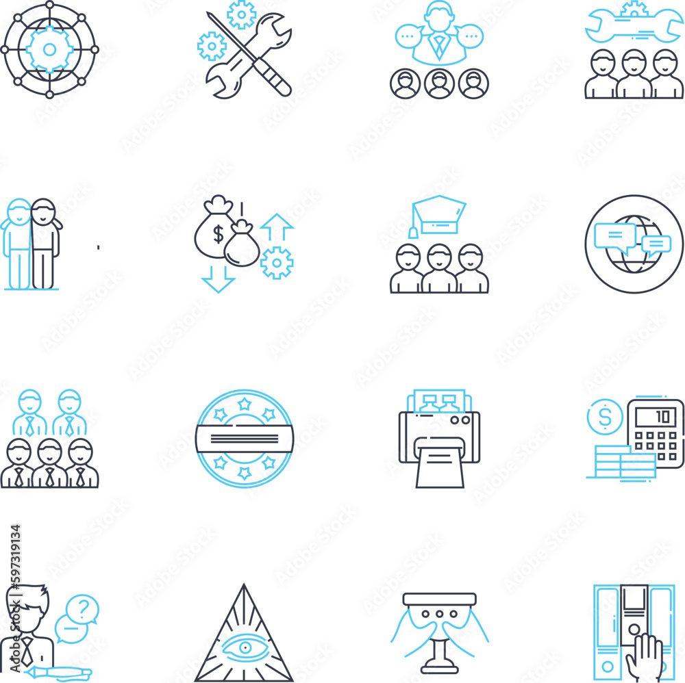 Executive Mogul linear icons set. Success, Leadership, Fortune, Ambition, Vision, Innovation, Strategy line vector and concept signs. Influence,Nerking,Intelligence outline illustrations
