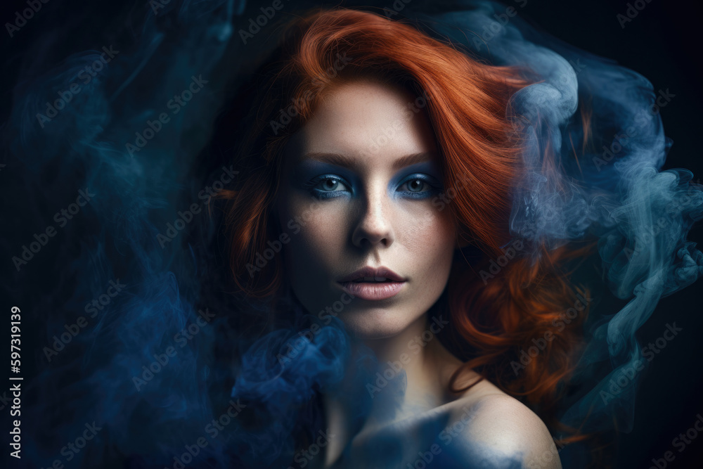Portrait of a regal woman with piercing indigo eyes, auburn hair cascading down her shoulders, and a hint of a smile on her lips against a backdrop of swirling indigo smoke, generative ai