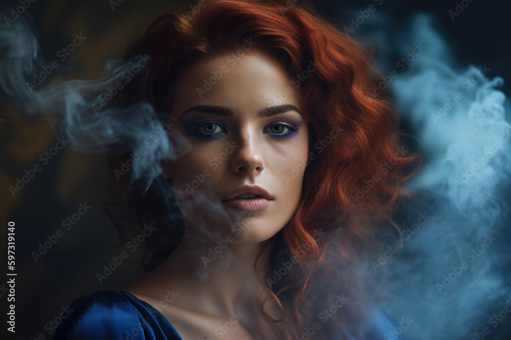 Portrait of a regal woman with piercing indigo eyes, auburn hair cascading down her shoulders, and a hint of a smile on her lips against a backdrop of swirling indigo smoke, generative ai Portrait of a regal woman with piercing indigo eyes, auburn hair cascading down her shoulders, and a hint of a smile on her lips against a backdrop of swirling indigo smoke, generative ai
