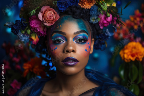 portrait of a radiant woman with indigo eyeshadow, glossy lips, and a joyful expression, surrounded by a vibrant indigo floral arrangement, generative ai