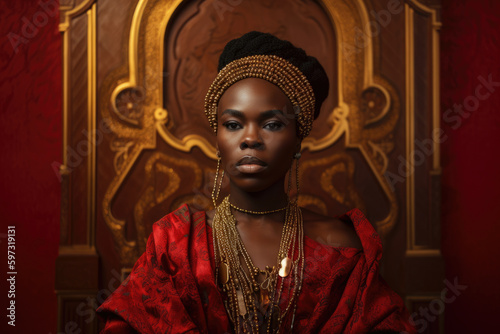 Portrait of a regal woman with flowing garnet-colored garments, adorned with golden jewelry, against a rich mahogany backdrop, exuding power and royalty, generative ai