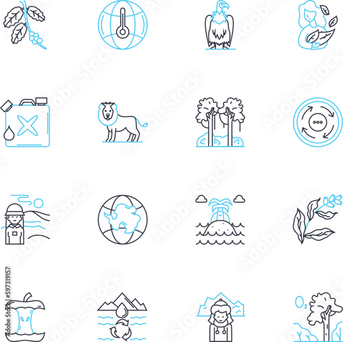 Environmental degradation linear icons set. Pollution, Deforestation, Erosion, Landfill, Overfishing, Acidification, Desertification line vector and concept signs. Poaching,Climatechange,Globalwarming photo