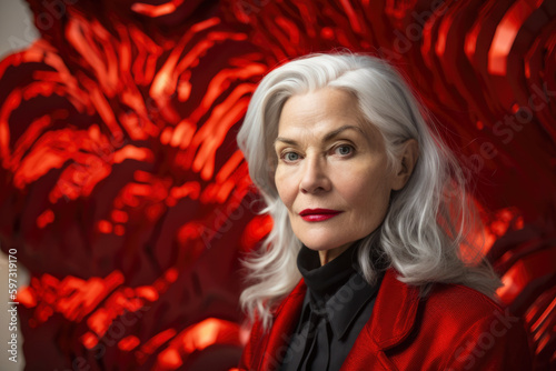 Portrait of a stunning silver-haired woman with a bold red lip standing in front of a silver art installation, generative ai