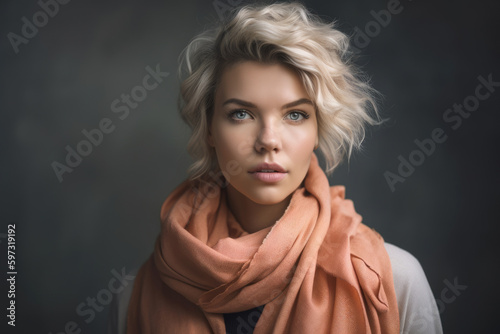 Portrait of a stunning woman with a peach-colored scarf draped over her shoulder, standing against a textured grey background, generative ai