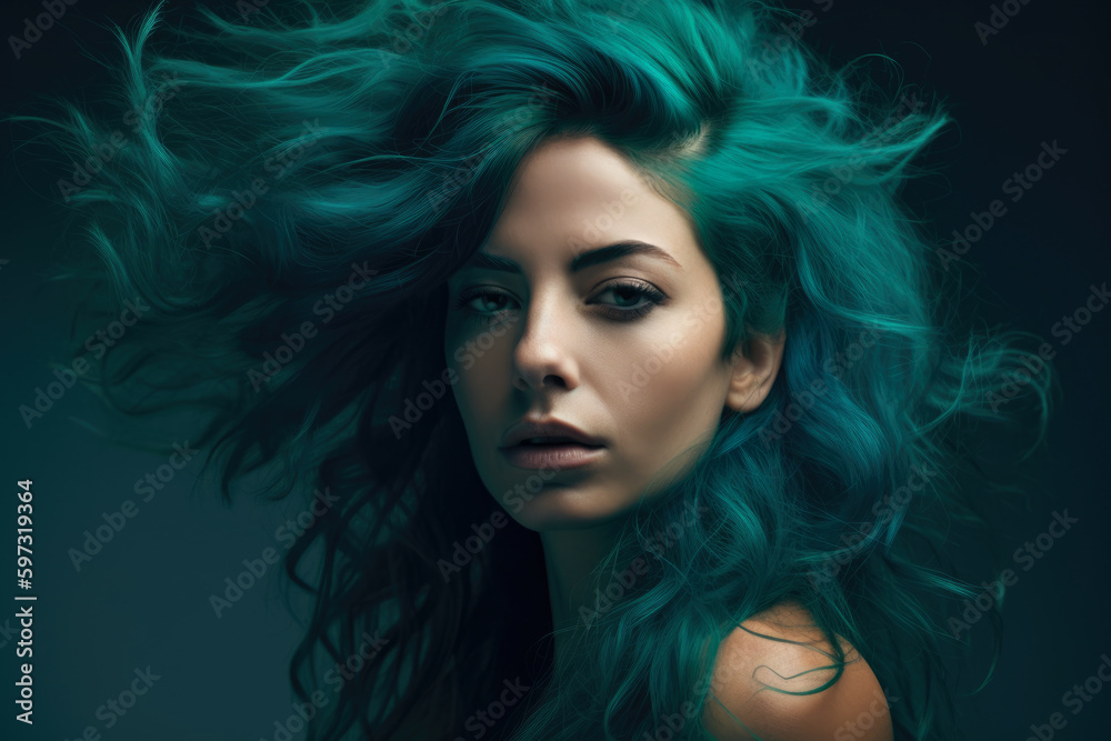 Portrait of a stunning woman with flowing teal hair against a vibrant teal background, with a attractive and mysterious expression on her face, generative ai