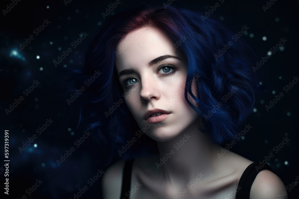 portrait of a stunning woman with indigo hair and pale skin, staring intently at the viewer with an enigmatic expression, standing in front of a starry indigo sky, generative ai