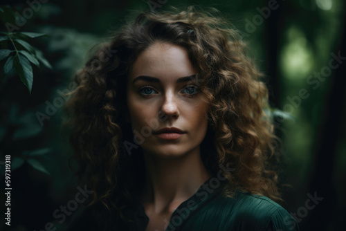 Portrait of a stunning woman with flowing, curly hair in shades of forest green, set against a dark, moody forest green background, generative ai