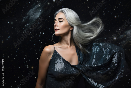 Portrait of a stunning woman with flowing, silver locks and shimmering pewter dress, set against a background of a starry night sky, generative ai