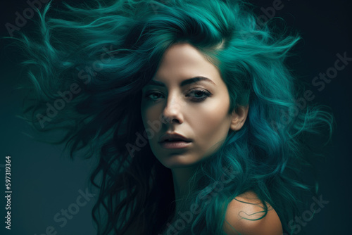 Portrait of a stunning woman with flowing teal hair against a vibrant teal background, with a attractive and mysterious expression on her face, generative ai