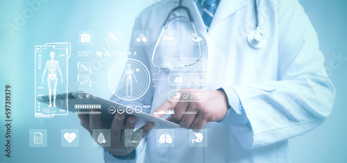 Doctor work with experiences a virtual interface with human body analysis. Digital healthcare and network connectivity on a modern interface. medical technology and futuristic concept
