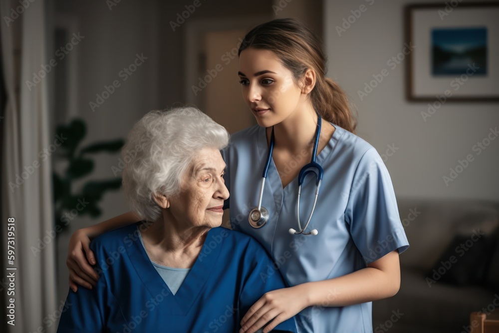 Female Caregiver assisting senior woman. Generative AI Female Caregiver assisting senior woman. Generative AI