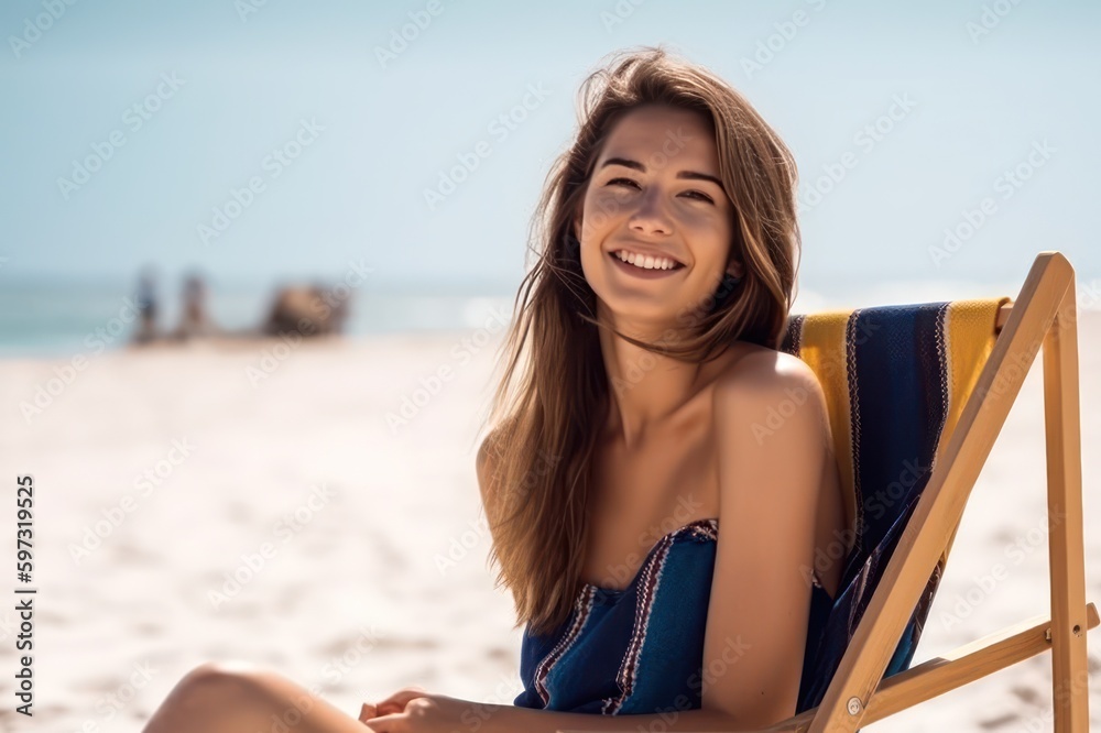 Happy attractive young woman sitting at the beach. Generative AI