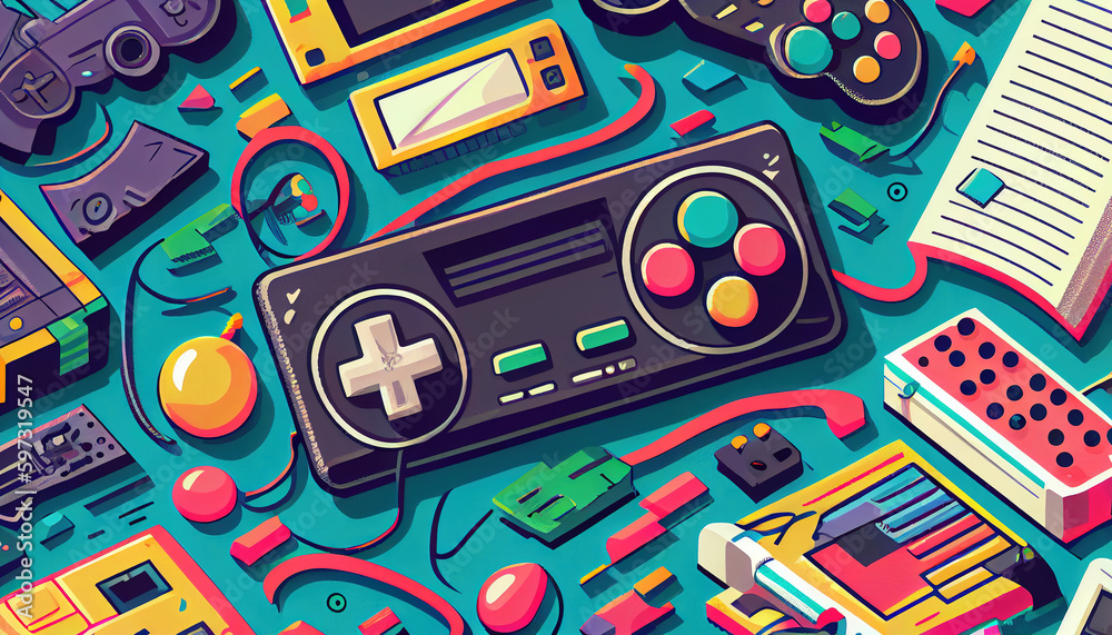 Obraz premium Vintage Retro Gamepad style background. Futuristic Vintage Game, game 90s. Generative AI.