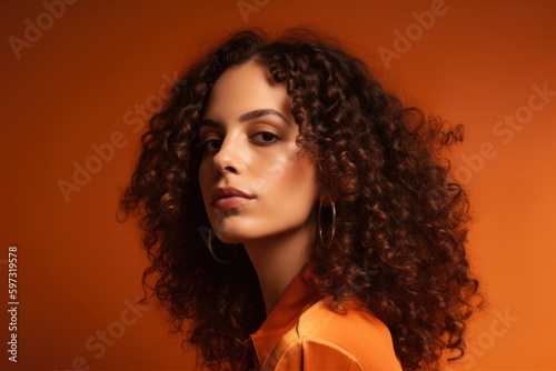 Portrait of a woman with long curly hair and striking features against a burnt orange background, exuding confidence and radiance, generative ai