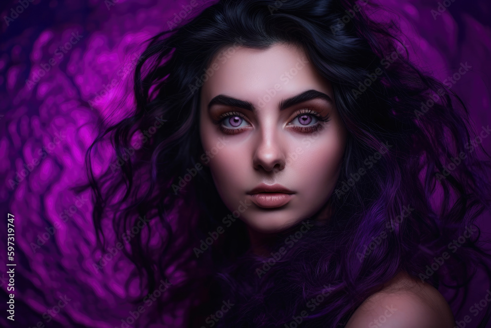 Portrait of an enchanting woman with mesmerizing purple eyes and flowing black hair against a vibrant purple background, generative ai Portrait of an enchanting woman with mesmerizing purple eyes and flowing black hair against a vibrant purple background, generative ai