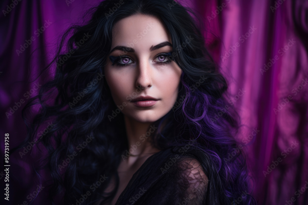 Portrait of an enchanting woman with mesmerizing purple eyes and flowing black hair against a vibrant purple background, generative ai Portrait of an enchanting woman with mesmerizing purple eyes and flowing black hair against a vibrant purple background, generative ai