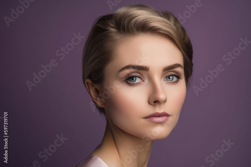 portrait of an elegant and poised woman with striking features and a serene expression, set against a pale purple background that highlights her natural beauty, generative ai