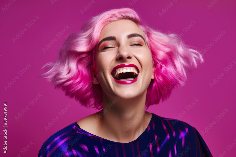 Radiant woman with hot pink lipstick and a wavy bob, beaming with joy against a fuchsia background that exudes energy and excitement, generative ai