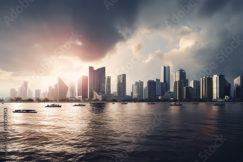Illustration of Bangkok skyline at riverfront with modern high-rise buildings. Generative AI