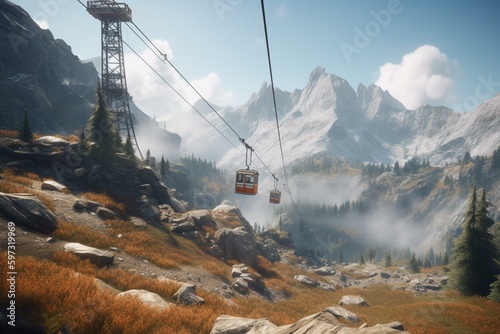 Explore incredibly detailed mountains via cable car using Unreal Engine 5 for stunning cinematic effects. Generative AI photo