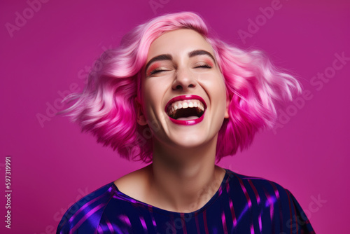 Radiant woman with hot pink lipstick and a wavy bob, beaming with joy against a fuchsia background that exudes energy and excitement, generative ai
