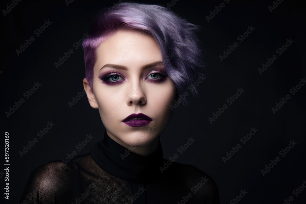 sophisticated woman with sleek mauve hair, wearing a deep plum lipstick, posing against a dramatic black and white background with hints of mauve, generative ai