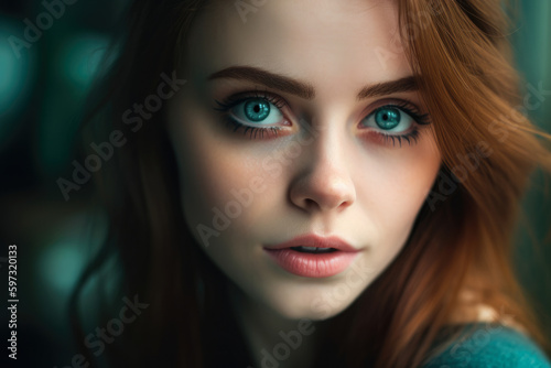 soft and dreamy portrait of a beautiful woman with teal eyes and delicate features, set against a blurred teal and white background, generative ai