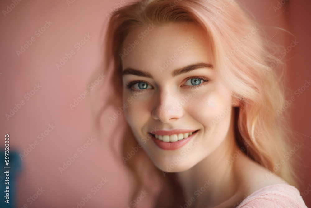 stunning portrait of a beautiful woman with piercing blue eyes and a gentle smile, surrounded by a soft light pink background that gives a dreamy and ethereal feel, generative ai stunning portrait of a beautiful woman with piercing blue eyes and a gentle smile, surrounded by a soft light pink background that gives a dreamy and ethereal feel, generative ai
