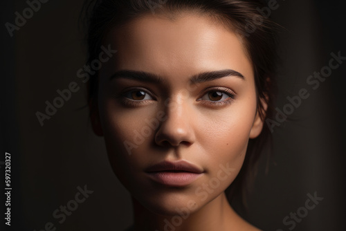 Stunning portrait of a beautiful woman with deep brown eyes and smooth, radiant skin, set against a cool, muted gray background, generative ai