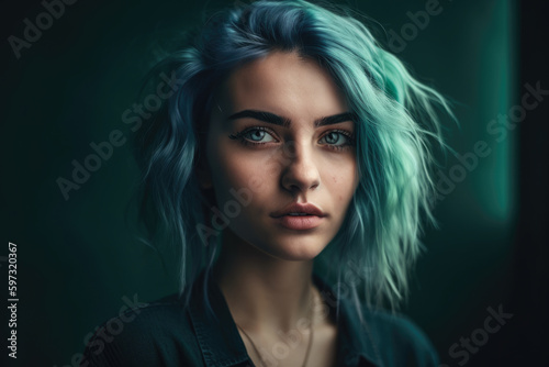 stunning portrait of a gorgeous woman with turquoise hair, piercing green eyes, and a confident expression, set against a dramatic turquoise background, generative ai