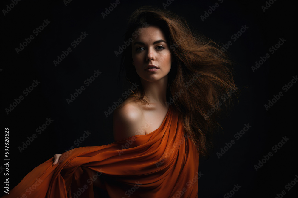 stunning woman with light brown hair wearing a flowing orange dress posing against a dramatic black background with soft light, generative ai