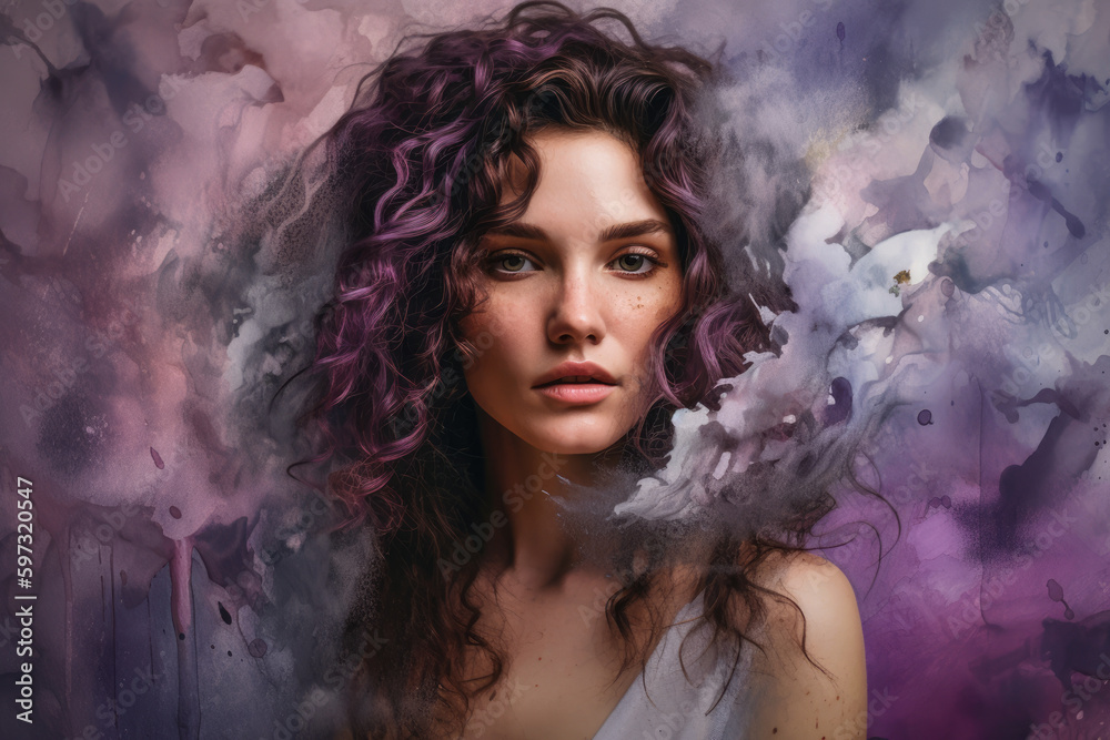 stunning woman with long curly hair in shades of mauve and lilac, standing in front of a textured background of abstract watercolor brushstrokes, generative ai