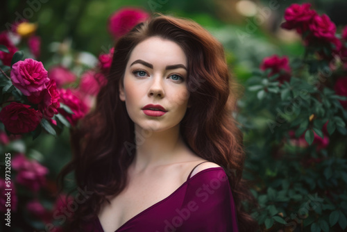 stunning woman with deep burgundy hair, piercing green eyes, and rosy lips stands confidently in a lush garden with flowers in full bloom, generative ai