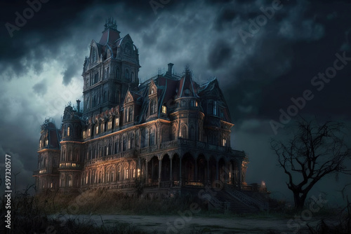 Haunted Gothic castle at night, old spooky mansion on Halloween, generative AI.
