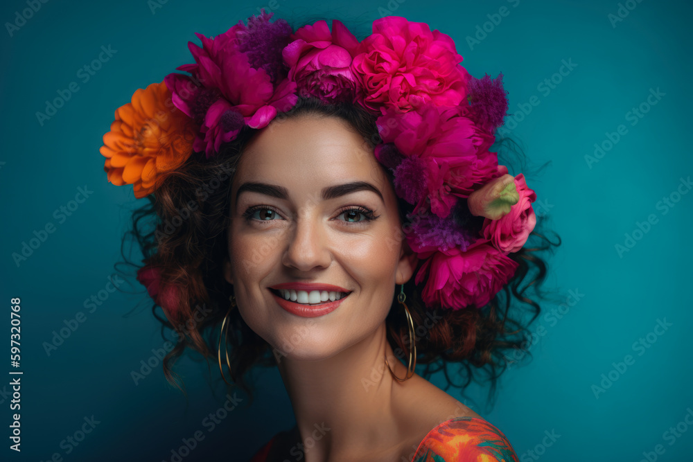 Vibrant Magenta Portrait of a Playful Woman with a Flower Crown Against a Turquoise Background, generative ai Vibrant Magenta Portrait of a Playful Woman with a Flower Crown Against a Turquoise Background, generative ai