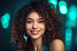 Turquoise-clad beauty with soft, curly hair, sparkling brown eyes, and a charming smile, standing against a bright turquoise background, generative ai