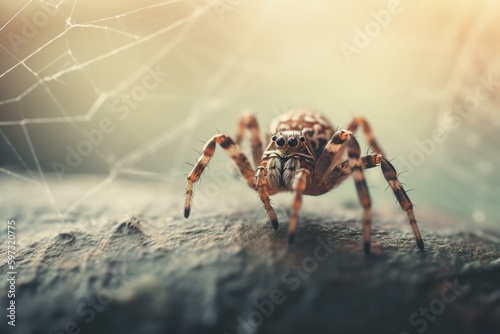 Close-up of spider on web in midair with blurry background. Generative AI
