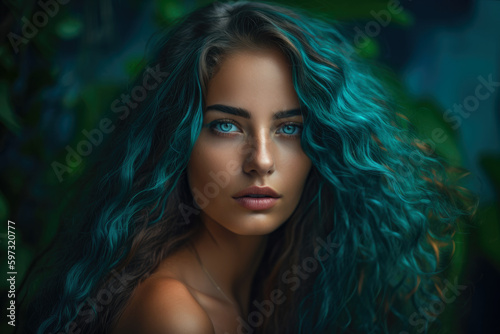 Turquoise-clad beauty with long flowing hair, striking turquoise eyes, and a serene expression, set against a breathtaking turquoise background, generative ai